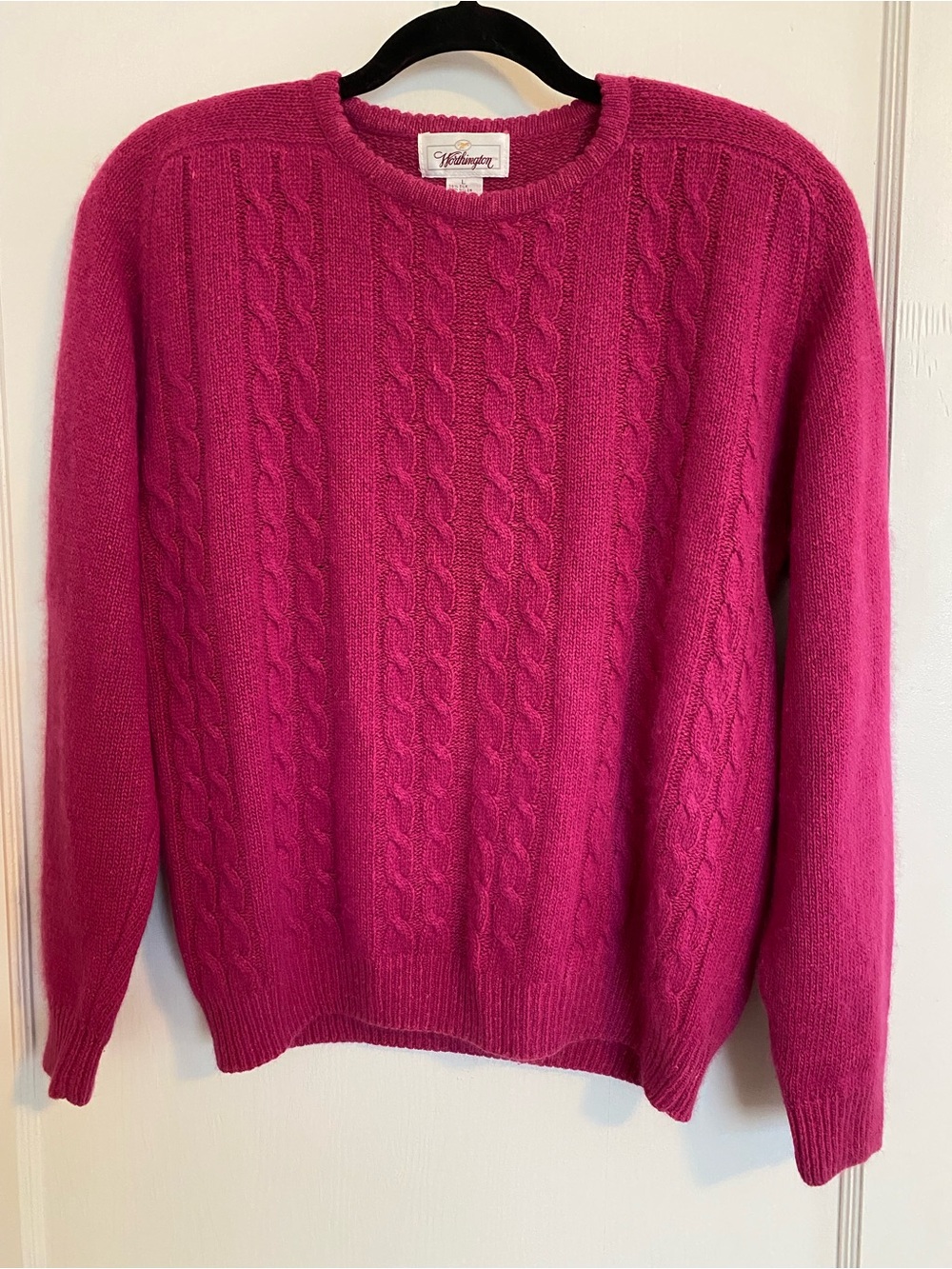 Worthington Women's Cable Knit Crewneck 10% Angora Sweater - Hot Pink